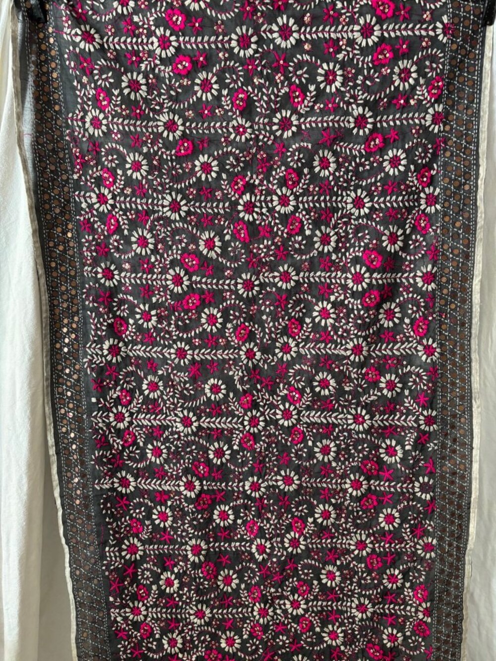 Fully Embroidered Shawl Wrap Scarf Dupatta with Sequin detail Black White Pink